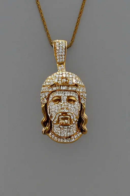 Image similar to diamond and gold pendant made in the shape of jesus's head with diamonds encrusted throughout the face in the style of hip hop jewelry
