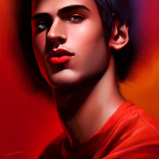 Prompt: colorful and Festive Captivating young man with straight brown hair, black skin, big lips, red t-shirt. rich vivid colors, ambient lighting, dynamic lighting, 4k, atmospheric lighting, painted, intricate, highly detailed by Charlie Bowater