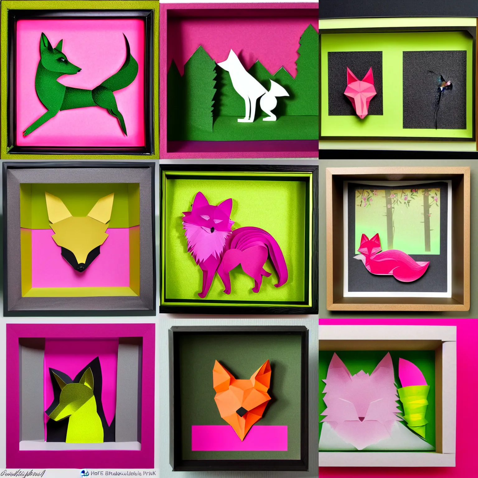Prompt: a chartreuse and pink fox, 3d layered paper shadow box