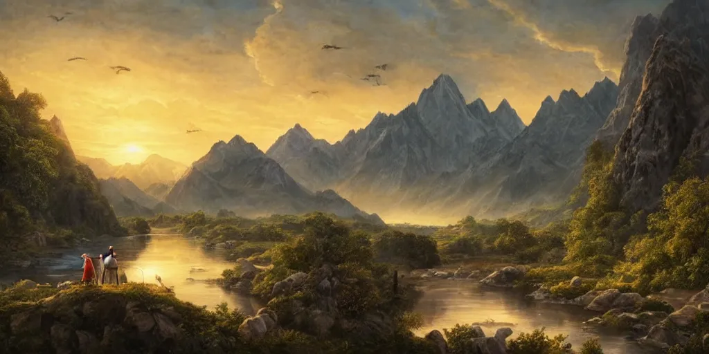 Image similar to A majestic landscape featuring a river, mountains and a forest. A group of birds is flying in the sky. There is an old man with a dog standing next to him. The man is wearing a backpack. They are both staring at the sunset. Cinematic, very beautiful, painting in the style of Lord of the rings