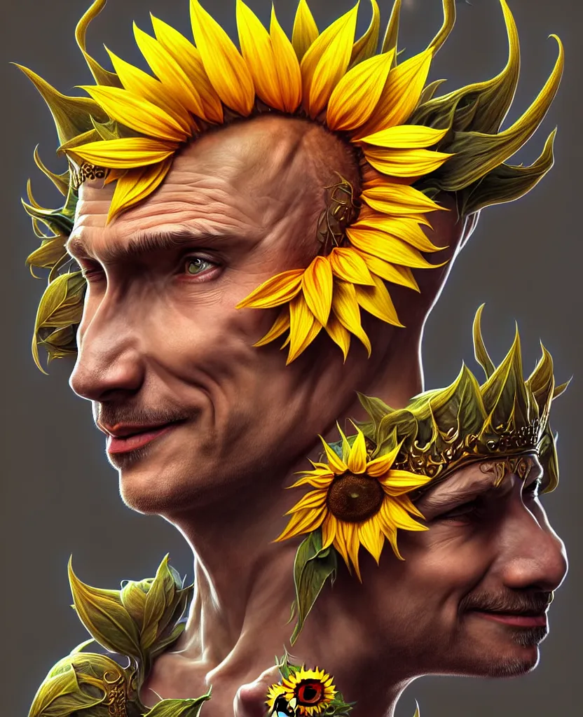 Image similar to digital art, centered full body of Putin smiling king, Sunflower crown, ,intricate, veins, by James Jean and by artgerm , by ross tran ultradetailed, charachter design, concept art, trending on artstation,