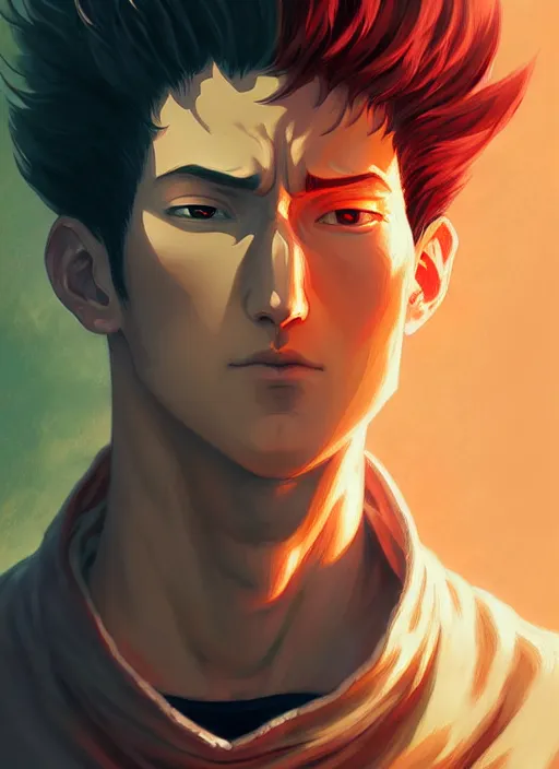 Image similar to handsome saitama, half body shot, path traced, epic cape, highly detailed, high quality, digital painting, alena aenami, lilia alvarado, shinji aramaki, karol bak, alphonse mucha, tom bagshaw