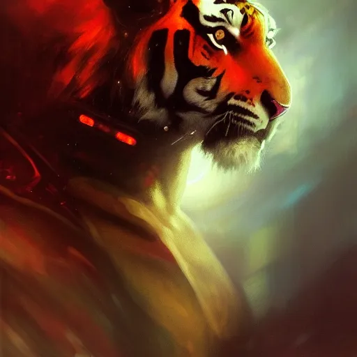 Image similar to hyperrealistic portrait of an athropomorphic tiger wearing heavy combat red - blue armor, bladerunner street, art of elysium by jeremy mann and alphonse mucha, fantasy art, photo realistic, dynamic lighting, artstation, poster, volumetric lighting, very detailed face, 4 k, award winning, cinematic lighting, deviantart, artstation, cg society