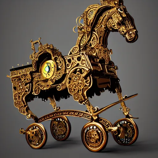 Prompt: Intricate Clockwork Horse Melded with and Pulling an Ornate Carriage, Trending on Artstation