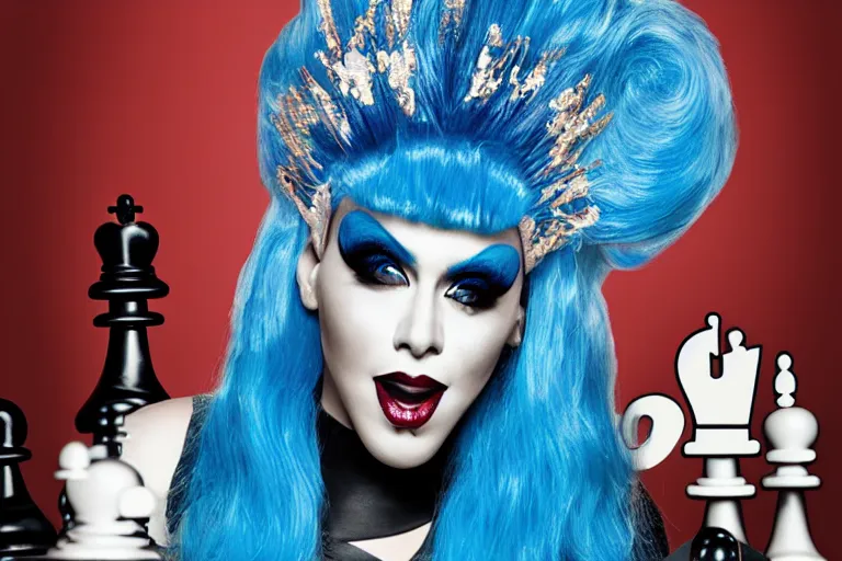 Image similar to blue hair drag queen playing chess, netflix show poster