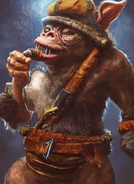 Image similar to pathfinder 2 e bestiary illustration of a protagonist goblin mixed with a monkey smoking a cigar, pirate themed, character portrait, unreal engine, hyper realism, realistic shading, cinematic composition, realistic render, octane render, detailed textures, studio lighting, photorealistic, wide shot