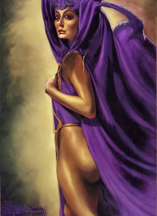 Image similar to portrait of plump sorceress of the moon, golden tiara, purple robe and veil, strong line, muted color, beautiful! coherent! by boris vallejo