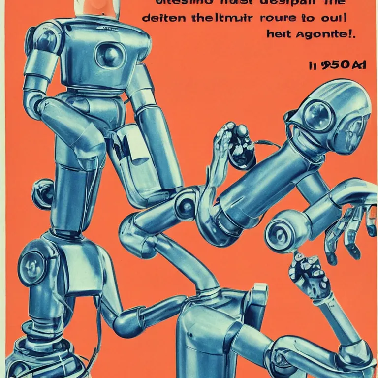 Prompt: 1950s future prediction of an artificial intelligent robot, super detailed colour 1950s realistic advertising illustration