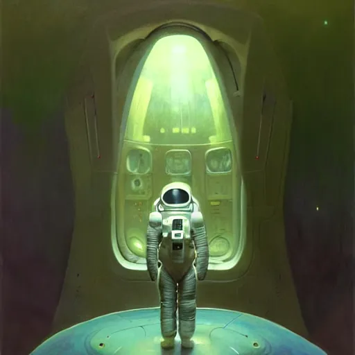 Image similar to detailed character concept art portrait of an astronaut floating in an empty chamber, artstation, award - winning realistic sci - fi concept art by zdzisław beksinski and greg rutkowski, jim burns, a realism masterpiece, james gilleard, bruegel, alphonse mucha, and yoshitaka amano