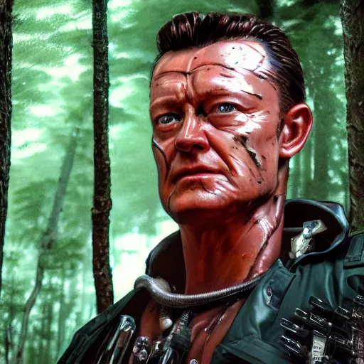 Prompt: A hyper real comic book style portait painting of T-1000 in the woods, unreal 5, hyperrealistic, octane render, cosplay, RPG portrait, dynamic lighting