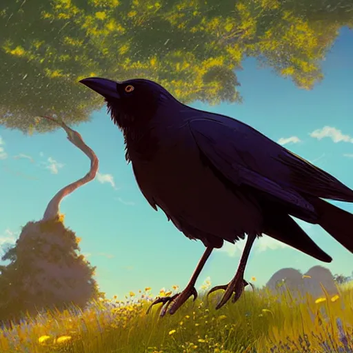 Image similar to a wholesome animation key shot of a crow on a hill, studio ghibli, pixar and disney animation, sharp, rendered in unreal engine 5, anime key art by greg rutkowski, bloom, dramatic lighting