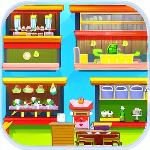 Image similar to an restaurant tycoon game, colorful, cartoon, cute, detailed,