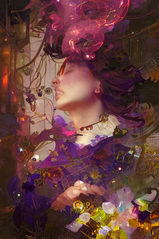 Image similar to she dreams of arcs of purple flame intertwined with glowing sparks, glinting particles of ice, dramatic lighting, steampunk, bright neon, secret holographic cyphers, red flowers, solar flares, high contrast, smooth, sharp focus, art nouveau, painting by ruan jia and greg rutkowski and Alphonse Mucha