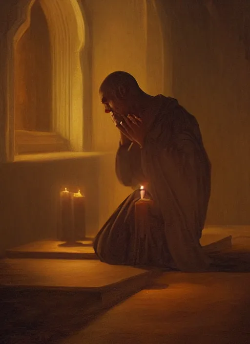 Prompt: oil painting portrait of a weeping sobbing tonsured dominican monk in a brown habit, kneeling in a moonlit empty chapel at night, hazy, digital art, artstation, cinematic, moonlight, digital art painting by greg rutkowski, hazy atmosphere, candles, cinematic lighting