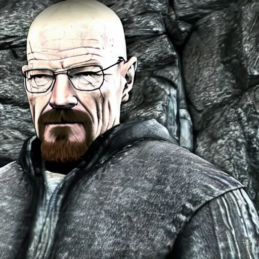 Prompt: screenshot of walter white from breaking bad in skyrim