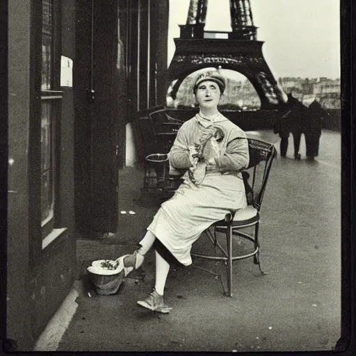 Prompt: An edwardian woman sitting outside a cafe in paris at night, the moon is in the sky, the eiffel tower is visible in the background