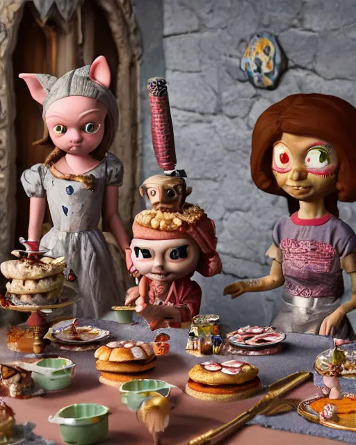 Image similar to highly detailed closeup, face profile portrait of a tin toy greta thunberg as a medieval goblin eating cakes in a castle, bikini, depth of field, nicoletta ceccoli, mark ryden, lostfish, dan decarlo, bob clampett, max fleischer, detailed and intricate environment, 8 k resolution, hyperrealistic, octane render