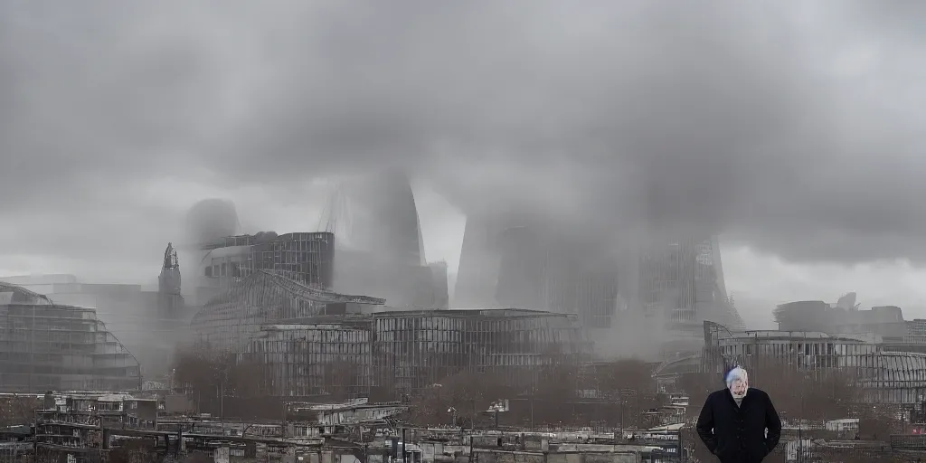 Image similar to a color photograph of Boris Johnson standing in front a nuclear landscape of the southbank centre in london, the london eye and big ben are still standing, collapsed brutalist architecture, groups of human figures stagger amongst the ruins, fog, dust atmosphere, brooding clouds, mushroom cloud, detailed, 4k, Fallout, postapocalyptic