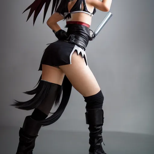 Image similar to a photo of a cosplay of Tifa from final fantasy 7 remake at ComicCon, very detailed, studio lighting, award winning, full body with legs, full legs, shot on 16mm film, shot on red 6k camera, 8k