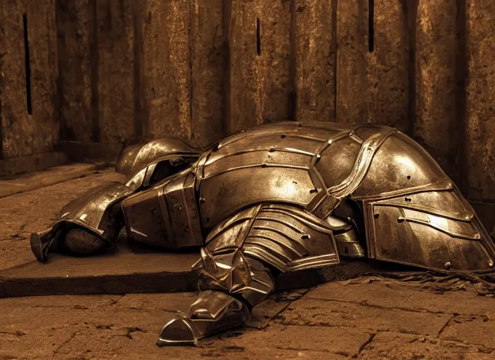 Image similar to a beautiful composition detailed photograph of a dead poisoned armored knight paladin lying in a wooden bed in a cell in a dungeon.