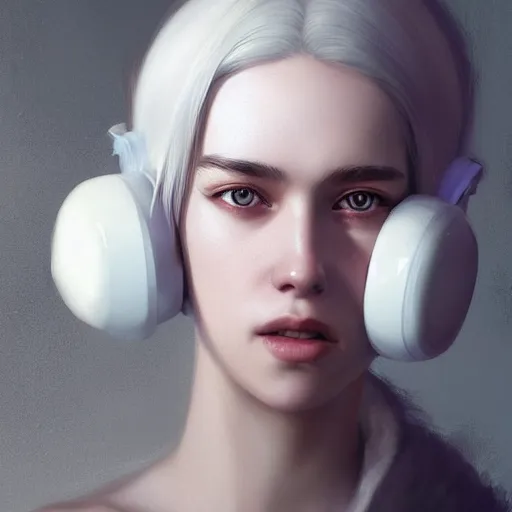 Image similar to a white haired girl wearing earmuffs with cyborg eyes, digital art, 8 k resolution, unreal engine, highly detailed, pretty face, very beautiful face, very detailed eyes, photorealistic by wlop, greg rutkowski