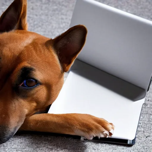 Prompt: a dog trying a article on a laptop