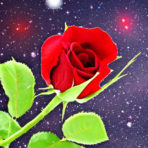 Prompt: Lovely red rose surrounded by stars at nighttime
