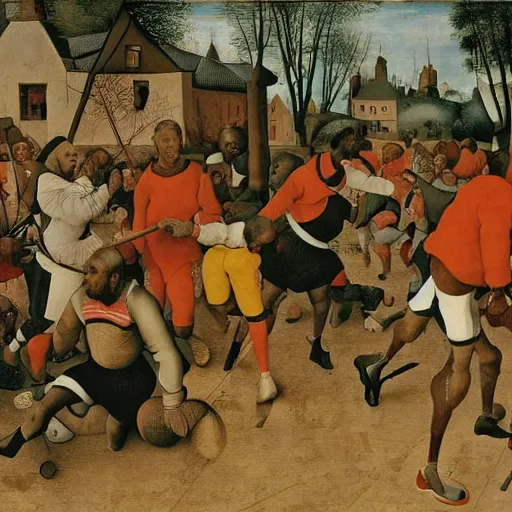 Image similar to harlem trotters depicted in a pieter bruegel painting, dramatic