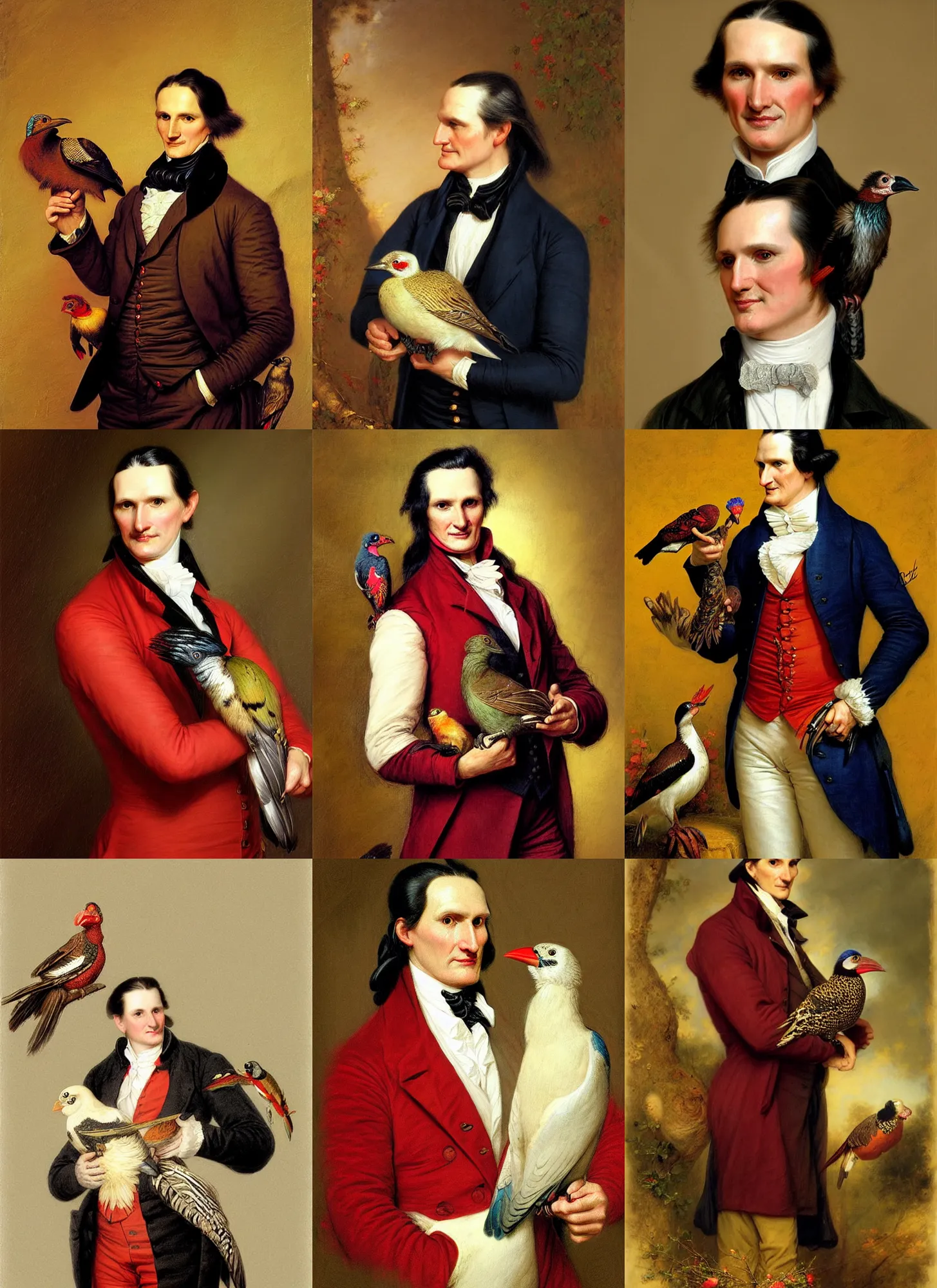 Prompt: formal portrait of john james audubon holding one woodpecker. digital art by eugene de blaas, ross tran, and nasreddine dinet, vibrant color scheme, intricately detailed, in the style of romanticism. artstation