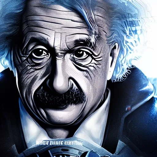 Image similar to 'Albert Einstein'! as Batman in Gears of War, splash art, movie still, detailed face, cinematic lighting, dramatic, octane render, long lens, shallow depth of field, bokeh, anamorphic lens flare, 8k, hyper detailed, 35mm film grain