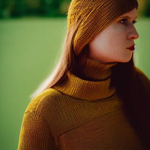 Image similar to a portrait photography of a woman wearing a yellow knitted turtleneck sweater that covers half her face. long hair. agfa vista 4 0 0 film. detailed. depth of field. cinematic. lens flare. grainy film. warm light.