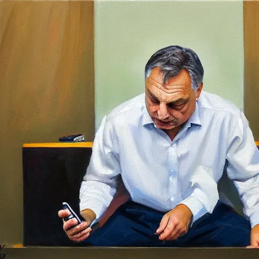 Image similar to viktor orban playing on his phone in a cubicle, oil painting