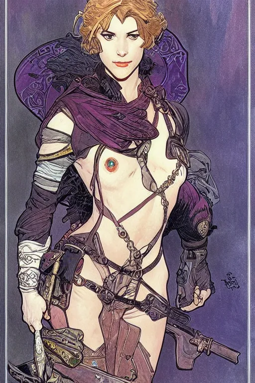 Image similar to female thief, d & d, fantasy, portrait, in travis charest and alphonse mucha