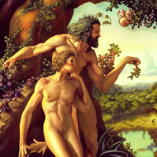 Prompt: Close-up of God being angry in the Garden of Eden. Adam and Eve look very guilty- elegant, highly detailed, centered, Artgerm