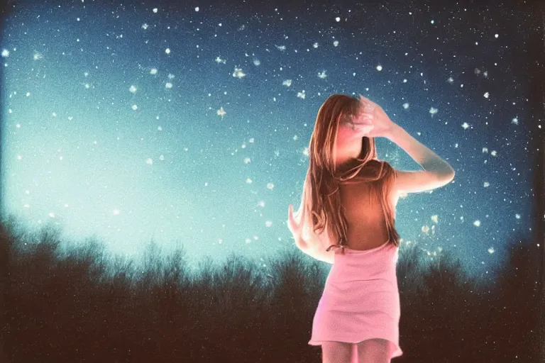 Image similar to blured dancing girl on night vision, focused background night sky with stars, polaroid photo