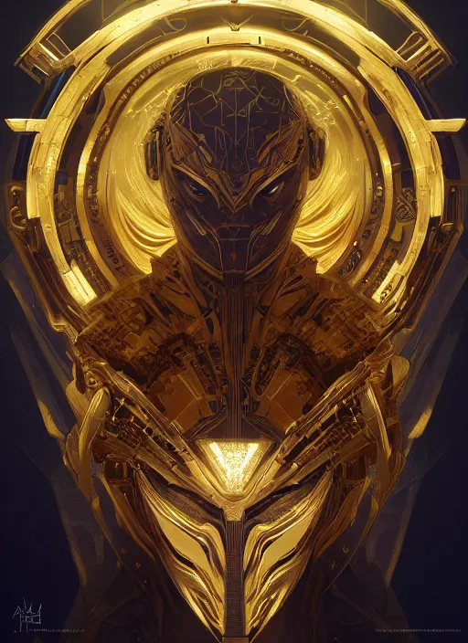 Image similar to symmetry!! portrait of gold alien in the style of horizon zero dawn, machine face, intricate, elegant, highly detailed, digital painting, artstation, concept art, smooth, sharp focus, illustration, art by artgerm and greg rutkowski and alphonse mucha, 8 k