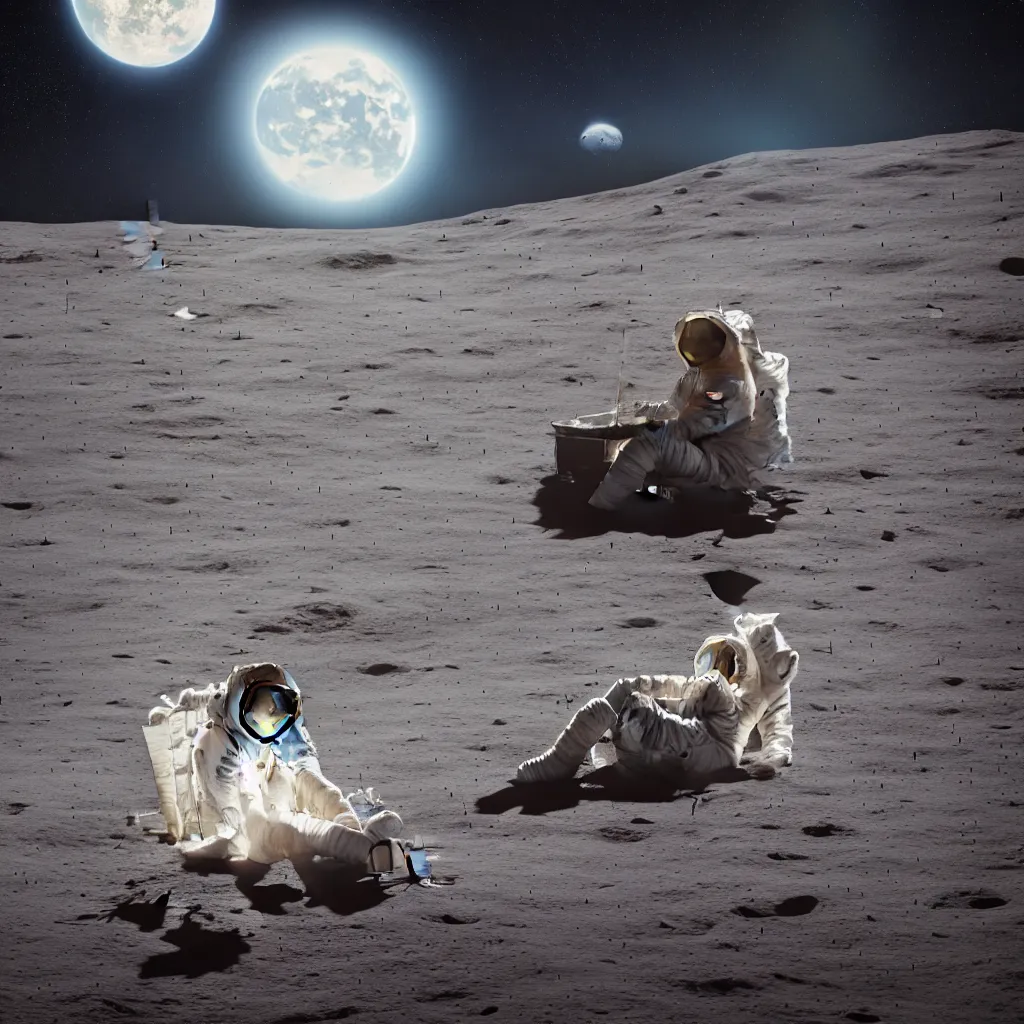 Image similar to astronaut on the Moon, sitting on a bench reading a book, planet Earth visible over the horizon, rim lighting, cinematic lighting, photo realistic image, 4K, super detailed, cinematic look