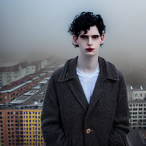 Image similar to un ultra high definition studio quality photograph portrait of a pale young man with black hair standing on the rooftop of an apartment building in cardiff wearing eclectic clothes looking away from the camera. wide angle. morning. art directed. clear. fog. three point light. extremely detailed. golden hour, golden ratio, ray tracing, volumetric light, shallow depth of field.