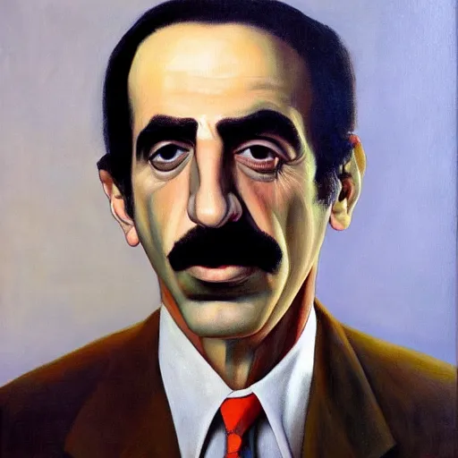 Image similar to frank zappa portrait, grant wood, pj crook, edward hopper, oil on canvas