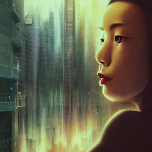 Image similar to detailed face of an asian woman, clockwork, moment, tectonic sky, skydome, bullet train, turbines, utopian, tech noir, wet reflections, prism, atmospheric, ambient, pj crook, syd mead, livia prima, artgerm, greg rutkowski, nick alm, casey baugh