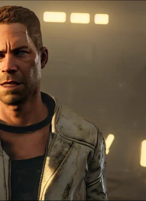 Image similar to film still of Paul Walker as Kerry Eurodyne in Cyberpunk 2077, gameplay, 8k, HD