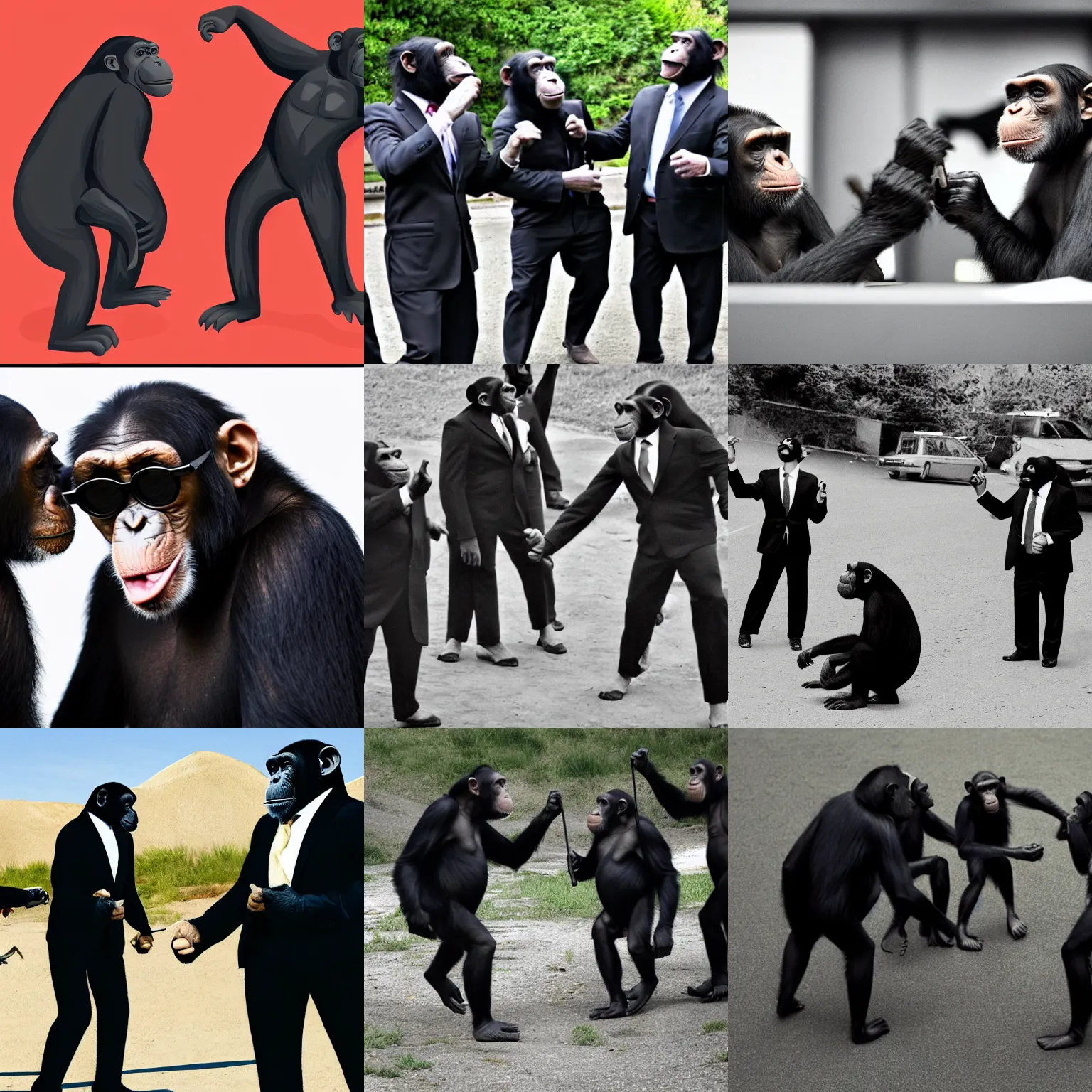 Prompt: a photograph of chimpanzees wearing fbi sunglasses dressed in suits arguing with each other