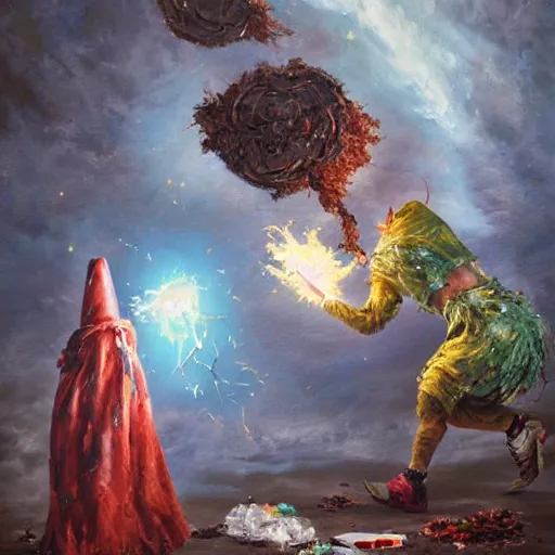 Image similar to Trash wizard conjures garbage comets to destroy his foes and make them stinky, realistic oil painting, fantastic