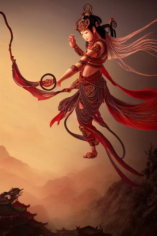 Image similar to nezha flies around swiftly on his wind flame circles in ruin chinese city, masterpiece, chinese mythology, top view, cinematic, fantasy character portrait, highly detailed, by new gods : nezha reborn, nezha : birth of the demon child, ne zha from smite, trending on artstation, concept art, flame everywhere,