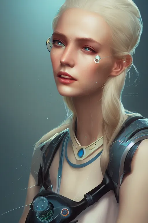 Prompt: goddess of technology, character art portrait, official media, illustrated by charlie bowater and ilya kushinov, extremely detailed, 8 k, trending on artstation, cinematic lighting, beautiful,