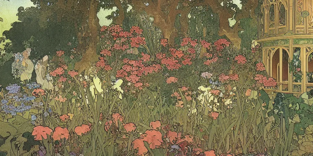 Image similar to an illustration of a beautiful garden, isometric view, painted by alphonse mucha and hieronymus bosch and hasui kawase, dramatic lighting, vivid colours.