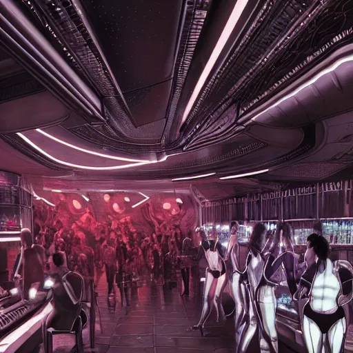 Image similar to ultra realist soft painting render of the inside of a futuristic bar, beautiful cyberwear armored cyborg dancers, crowded silhouettes, symmetry accurate features, very intricate details, black white red purple color palette, masterpiece award winning, cinematic lighting, focus, tom bagshaw artstyle