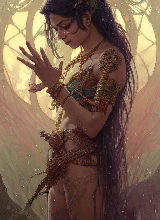 Image similar to kuntilanak on tree, d & d, wet, shiny, fantasy, intricate, elegant, highly detailed, digital painting, artstation, concept art, smooth, sharp focus, illustration, art by artgerm and greg rutkowski and alphonse mucha