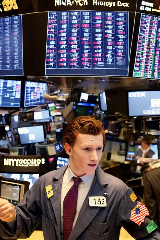 Image similar to tom holland rings the opening bell at the new york stock exchange trading floor, 3 5 mm photography, highly detailed, cinematic lighting, 4 k