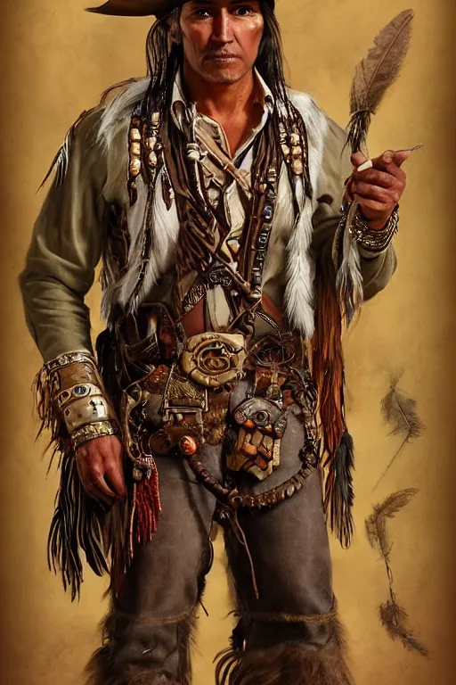 Image similar to fantasy western character portrait of a thin native american indian man in his early 3 0 s, wearing traditional cargo buckskin jacket buckskin tactical toolbelt pockets bandolier full of trinket and baubles, steampunk arcane shaman, deadlands, weird west, by steve henderson, sandra chevrier, alex horley